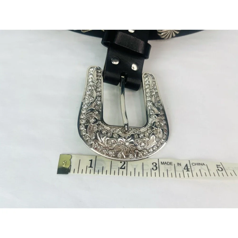 Nocona Women’s Medium Western Leather Boho Silvertone Buckle Rhinestone Belt